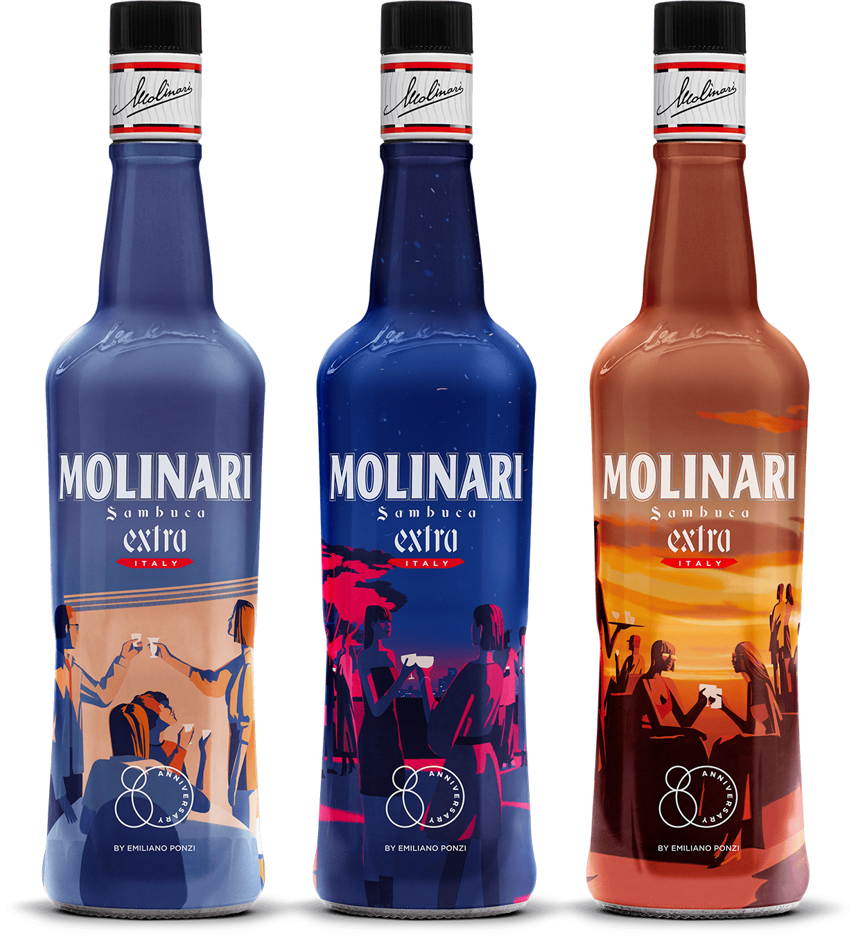 Le 3 bottiglie disegnate da Emiliano Ponzi x Molinari